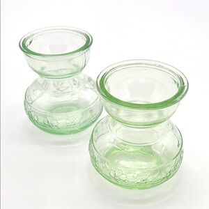 Green Glass Bulb Forcing Vases with Embossed Flower Motif (Set of 2)